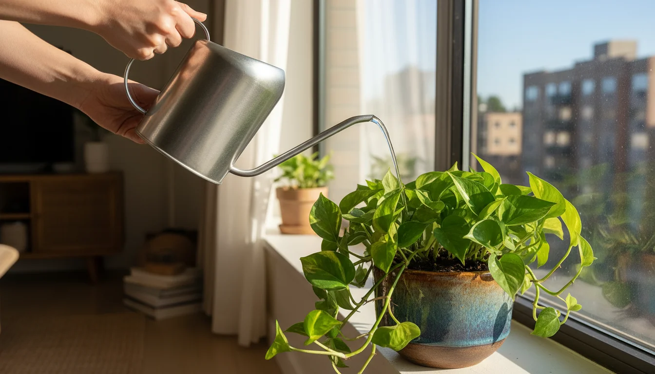 Hands hold a modern long-spout watering can, precisely watering a lush Pothos plant on a windowsill in an urban apartment.