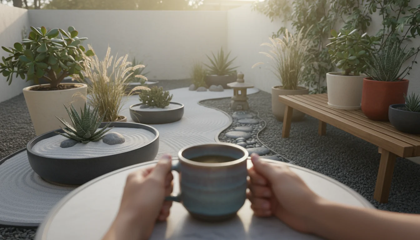 Hands gently hold a mug on a small patio table, overlooking a minimalist container Zen garden with succulents and raked gravel in soft morning light.