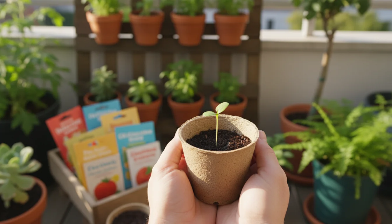 Hands gently hold a new green seedling in a small pot, with blurred seed packets and container plants on a balcony in the background.