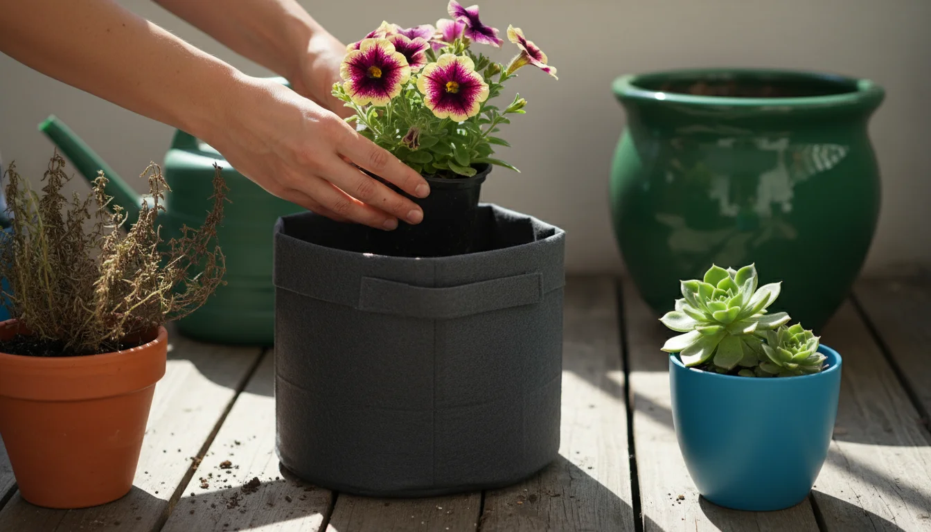 Hands hold a new petunia over a fabric grow bag on a balcony, surrounded by plants in terra cotta, plastic, and glazed ceramic pots.