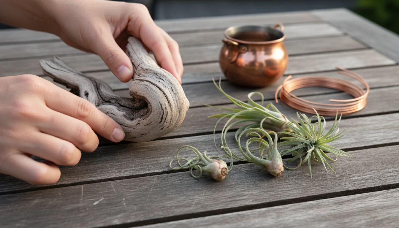 Hands hold a piece of untreated driftwood for air plants on a rustic wooden table, with a copper pot intentionally set aside.