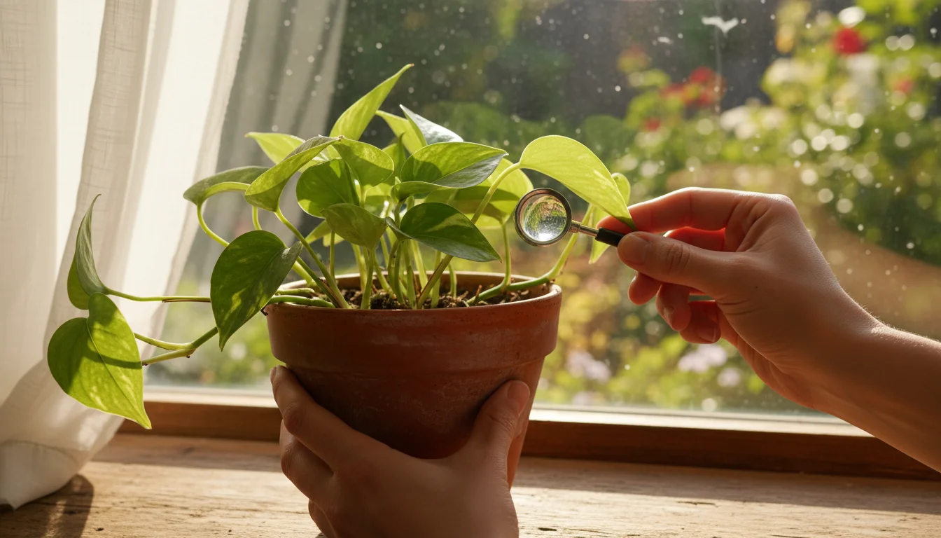 Hands gently hold a Pothos plant in a terracotta pot, lifting a leaf to inspect its underside with a small magnifying loupe by a sunny window.
