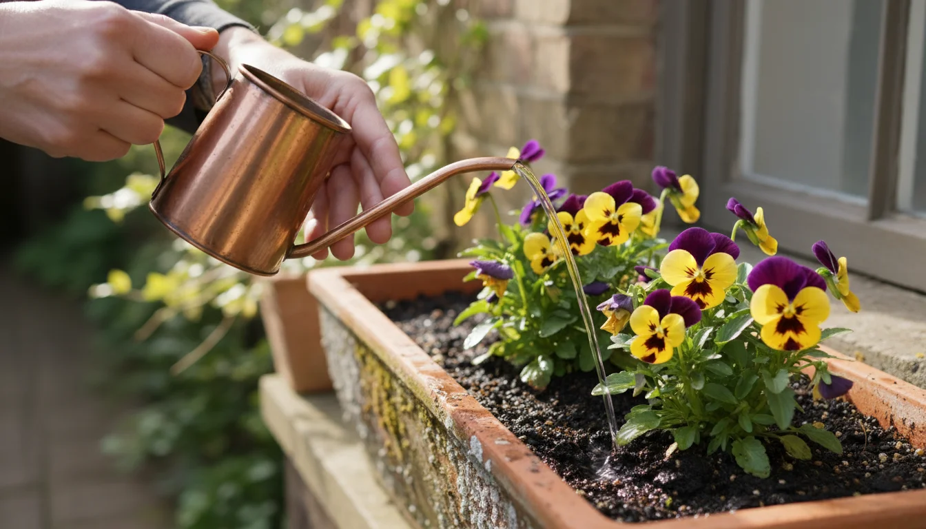 Hands hold a slim copper watering can, directing water precisely into the soil around colorful pansies in a terra cotta window box.