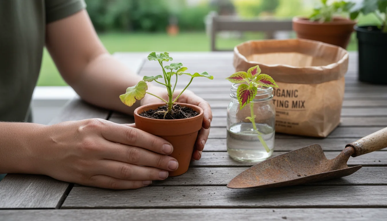 Hands gently hold a small terracotta pot with a struggling geranium cutting on a wooden patio table, surrounded by gardening supplies.