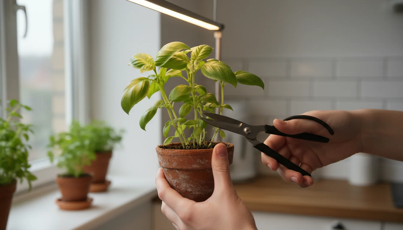 Hands hold a vibrant basil plant with pruning shears under a grow light, watering can and plant food on the windowsill.