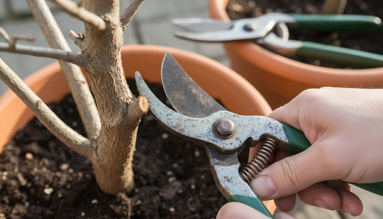Close-up of hands holding anvil pruners poised to cut a dry woody stem, with bypass pruners resting nearby on a pot.