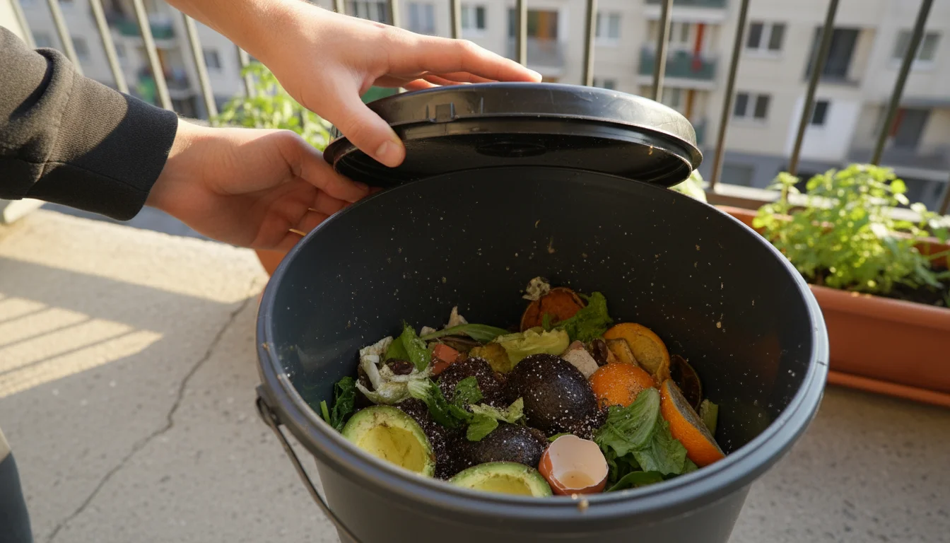 Close-up of hands holding a bokashi bucket's lid ajar, revealing wet, uncompacted food scraps, with bran poised to be added.