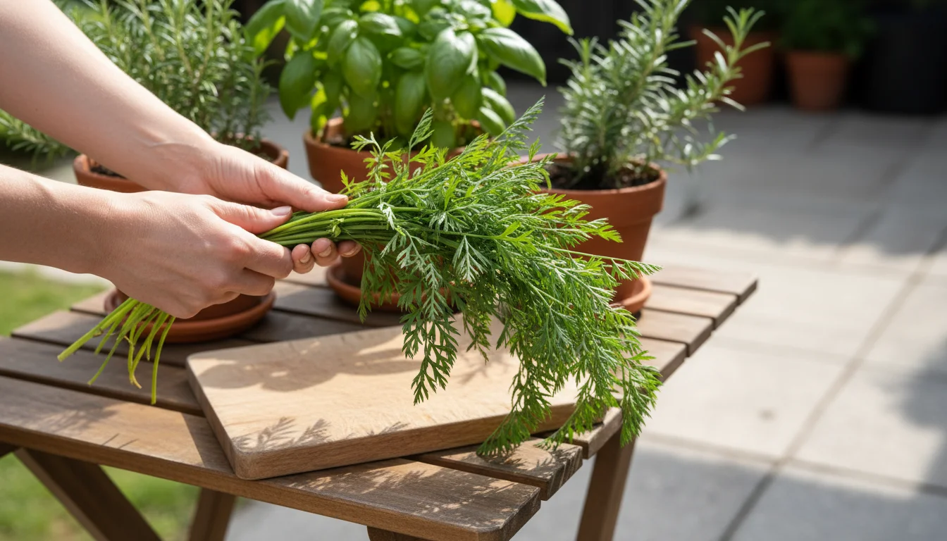 Hands holding a bunch of vibrant green carrot tops over a wooden cutting board on a patio table, with container plants in background.