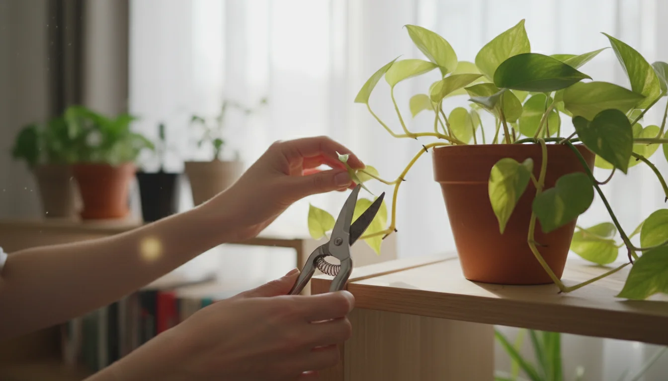 Hands holding clean pruning shears, poised to cut a leggy, yellowing Pothos stem in a terracotta pot on a shelf.