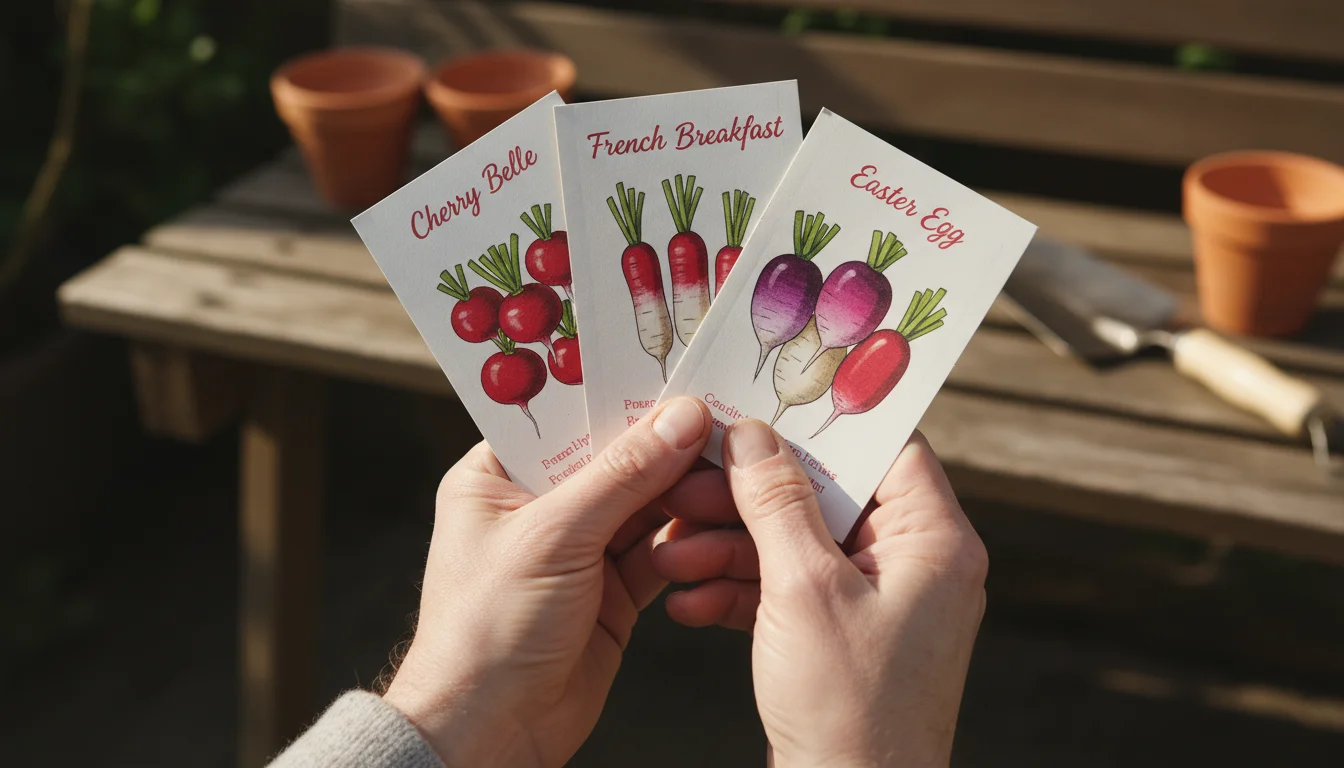 Close-up of hands holding and comparing three radish seed packets ('Cherry Belle', 'French Breakfast', 'Easter Egg') on a sunny balcony.