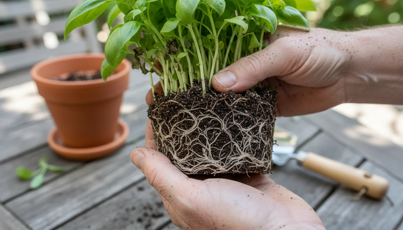 Hands holding a dense clump of basil seedlings with severely tangled, overcrowded roots and clinging soil, ready for repotting.