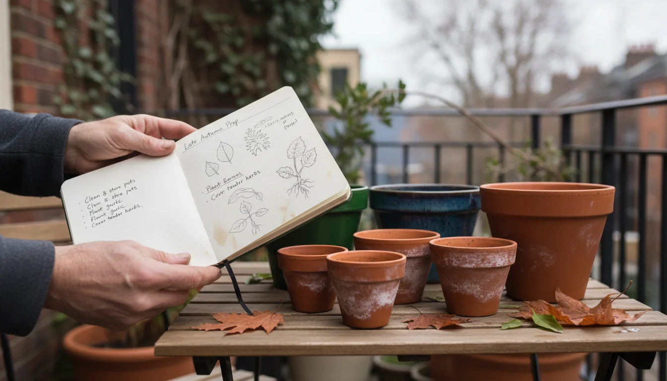 Hands holding a gardening notebook next to clean, drying terracotta and ceramic pots on a wooden bench.