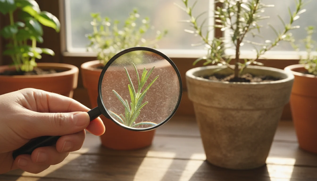 Hands holding a magnifying glass to inspect the underside of a potted rosemary leaf on a windowsill.