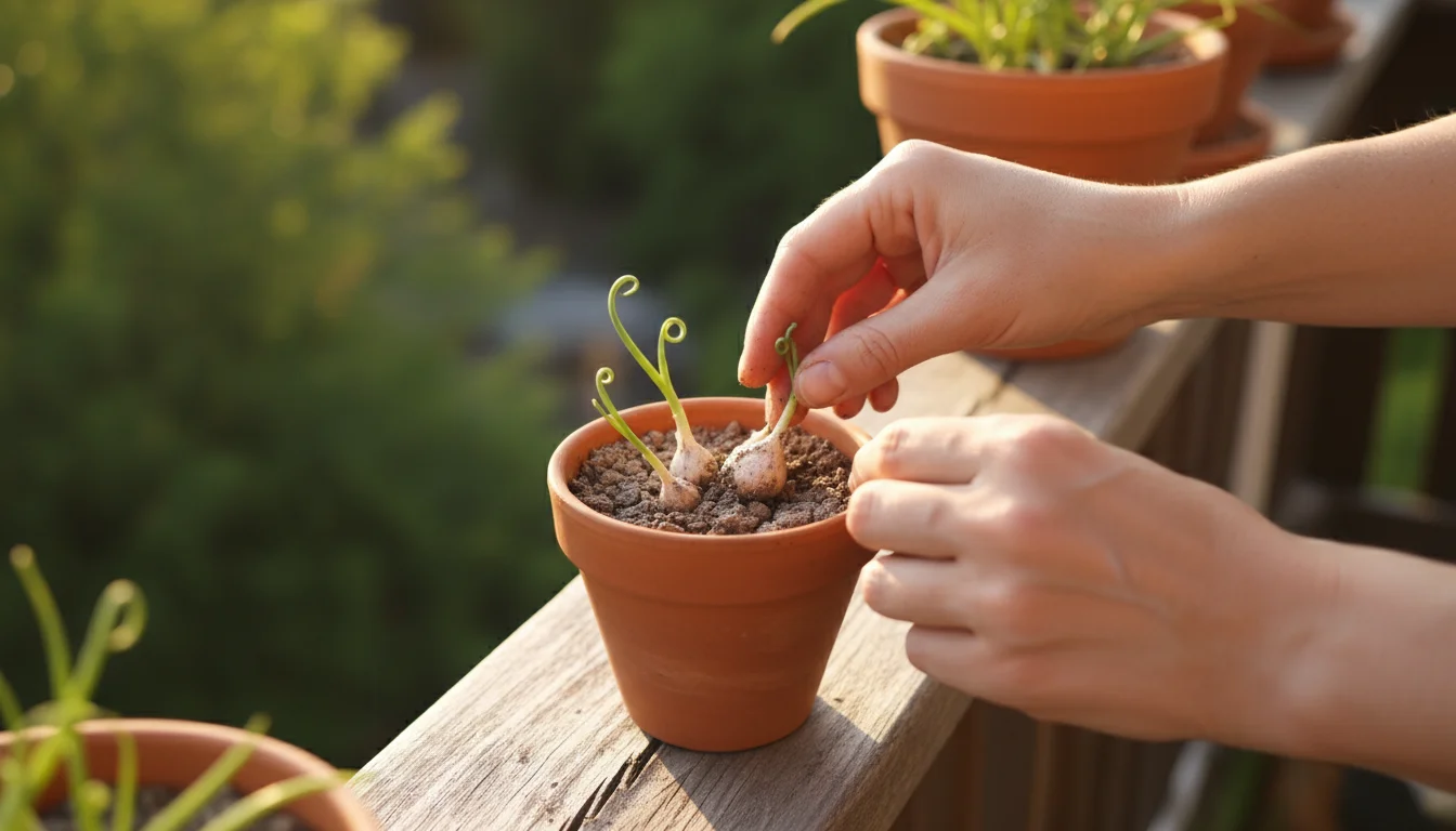 Close-up of hands holding several small, newly harvested garlic bulbs just pulled from a terracotta pot on a sunny balcony, showing crowding.