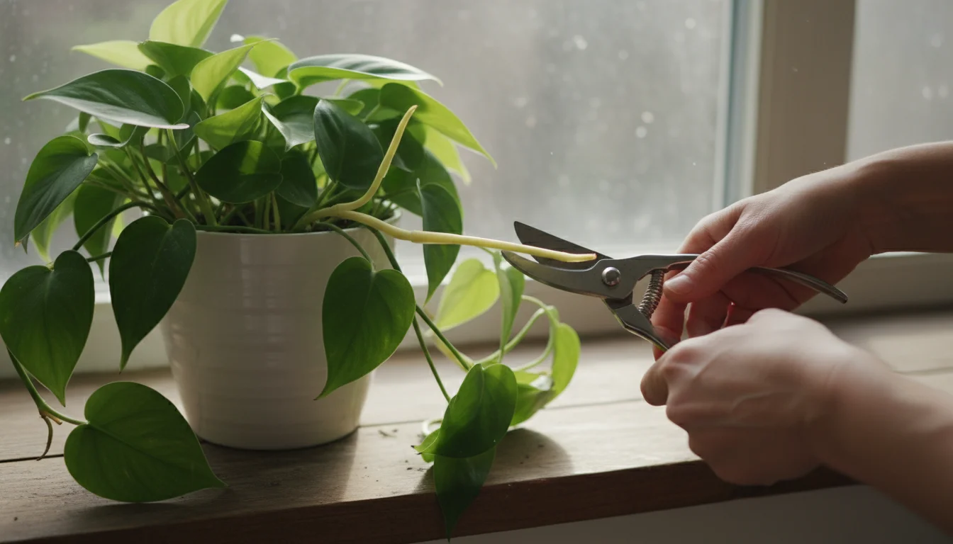Close-up of hands holding small pruning shears, trimming a leggy stem from a green Philodendron plant in a white pot.