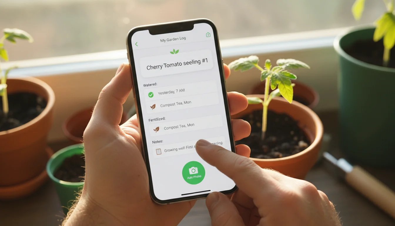 Hands holding a smartphone with a gardening app open, pointing at a new leaf on a small cherry tomato plant in a pot on a balcony.