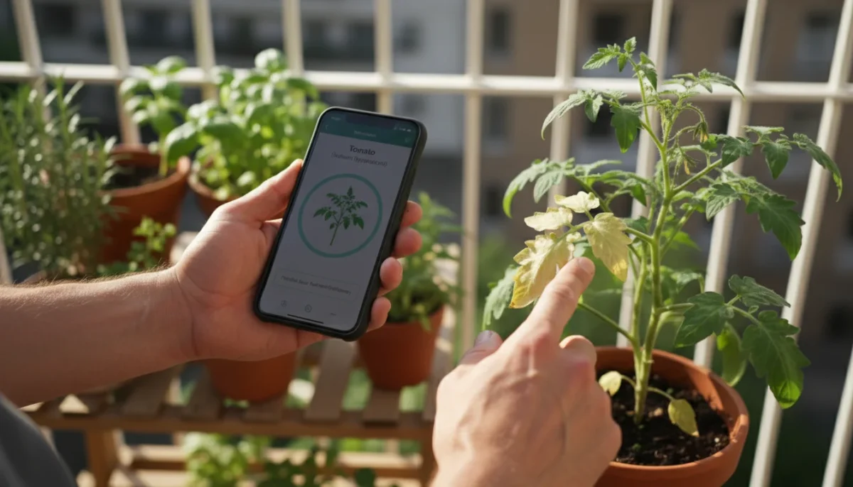 Hands holding a smartphone with a plant app, identifying a container tomato with a yellow leaf on a sunny balcony.
