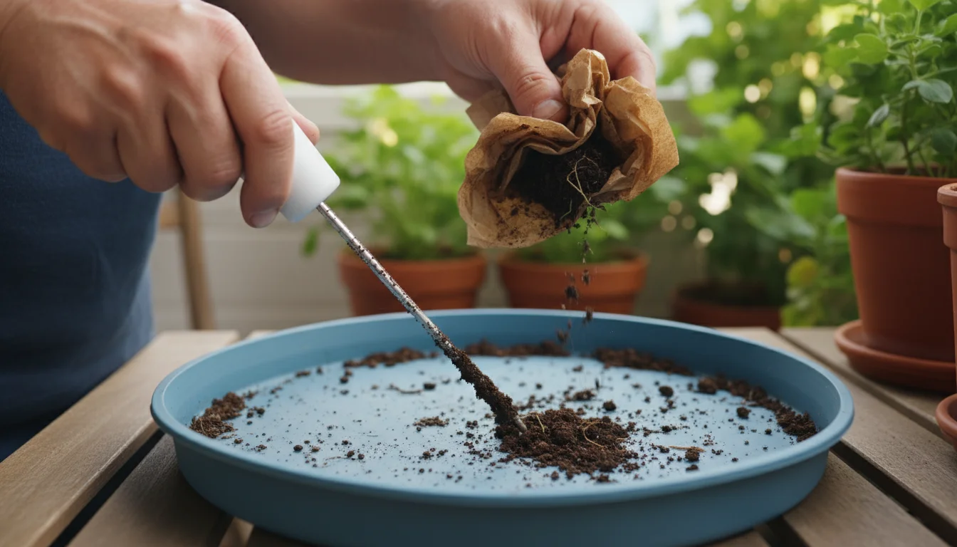 Close-up of hands holding a soil moisture meter with a visibly dirty, soil-encrusted probe, about to be wiped clean with a damp paper towel.
