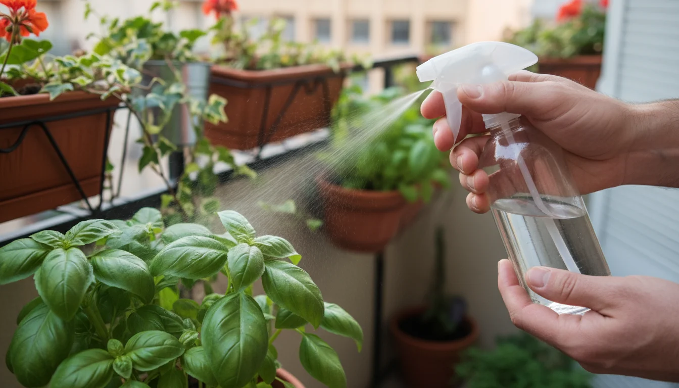 Close-up of hands holding a clear spray bottle, gently misting a vibrant potted herb on an urban balcony.