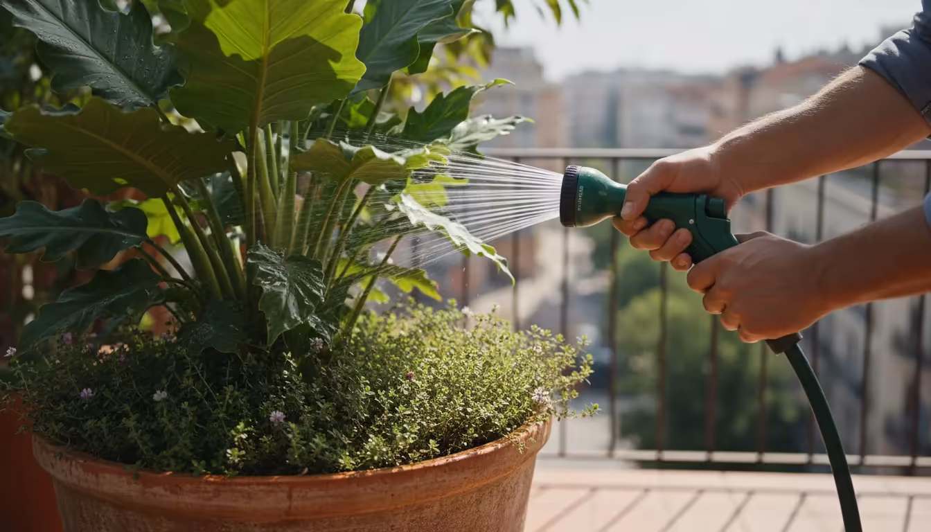 Hands holding a spray nozzle direct water onto the underside of plant leaves in a large balcony pot, with living mulch visible.