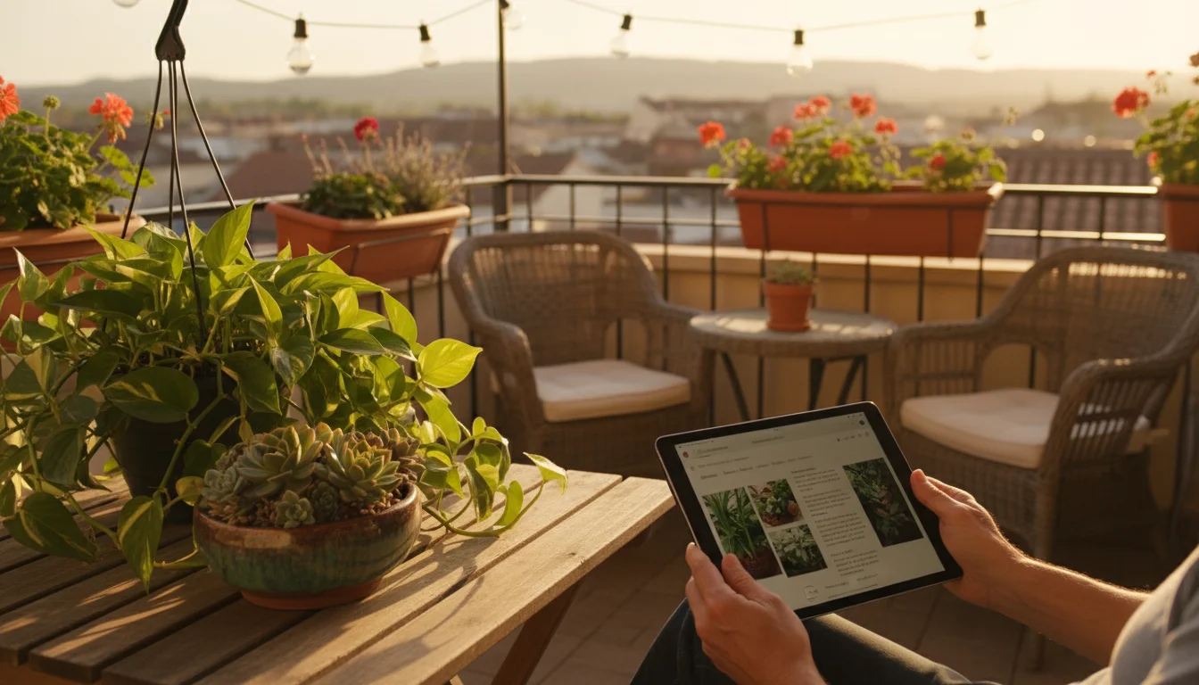Close-up of hands holding a tablet with a gardening article, resting amidst healthy container plants on a sun-drenched balcony patio.