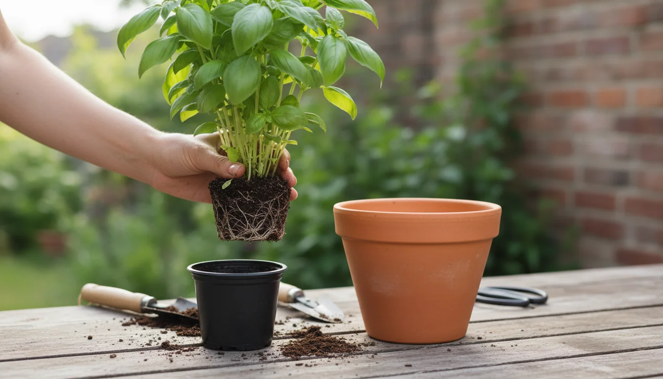 Hands holding a thriving basil plant with visible roots between an undersized nursery pot and a larger, suitable terracotta pot on a wooden surface.