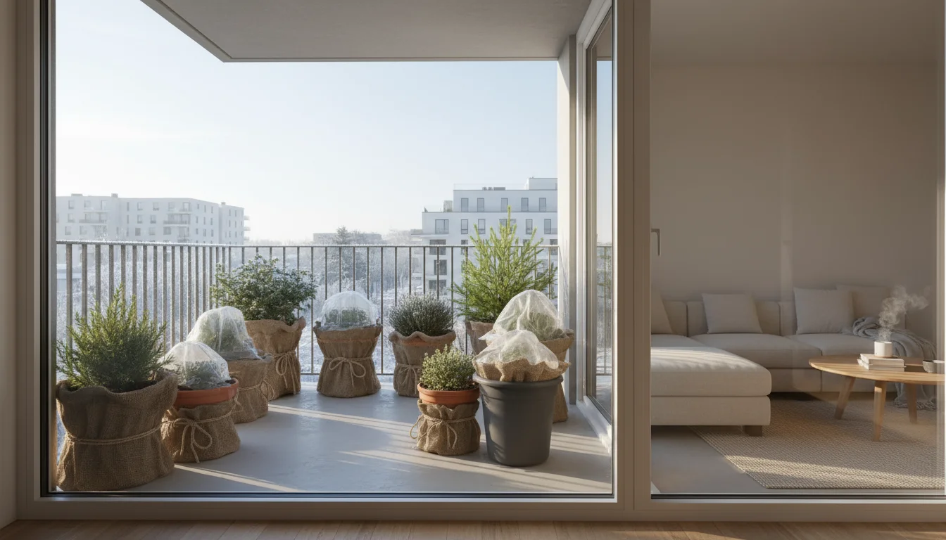 Hands holding a warm mug, gazing from a window onto a city balcony with potted plants wrapped in burlap for winter protection.
