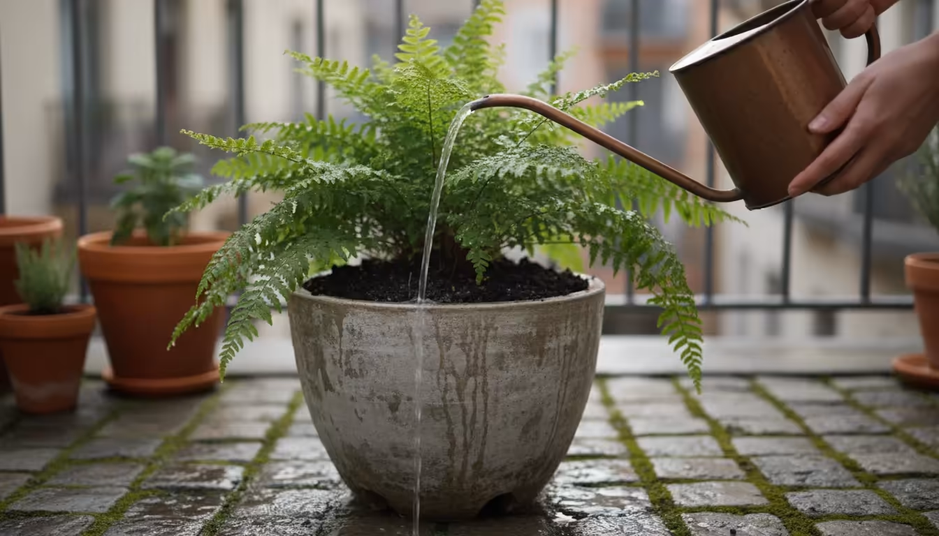 Hands holding a watering can, thoroughly saturating the soil of a container plant on a balcony until water drains from the pot.