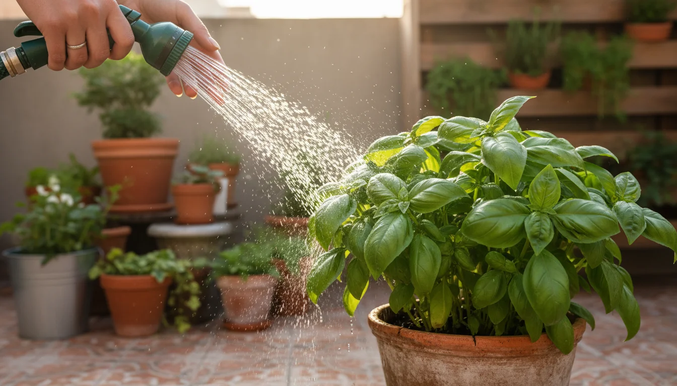 Hands gently hosing down a vibrant basil plant in a terracotta pot on a sun-drenched urban patio, water droplets visible.