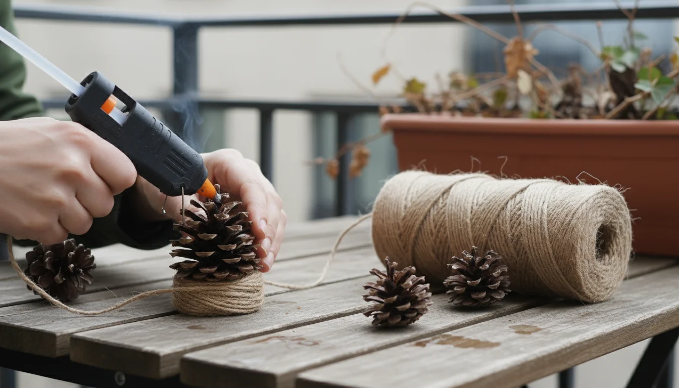 Close-up of hands hot-gluing a loop of twine onto a pinecone on a rustic balcony table, surrounded by more pinecones.