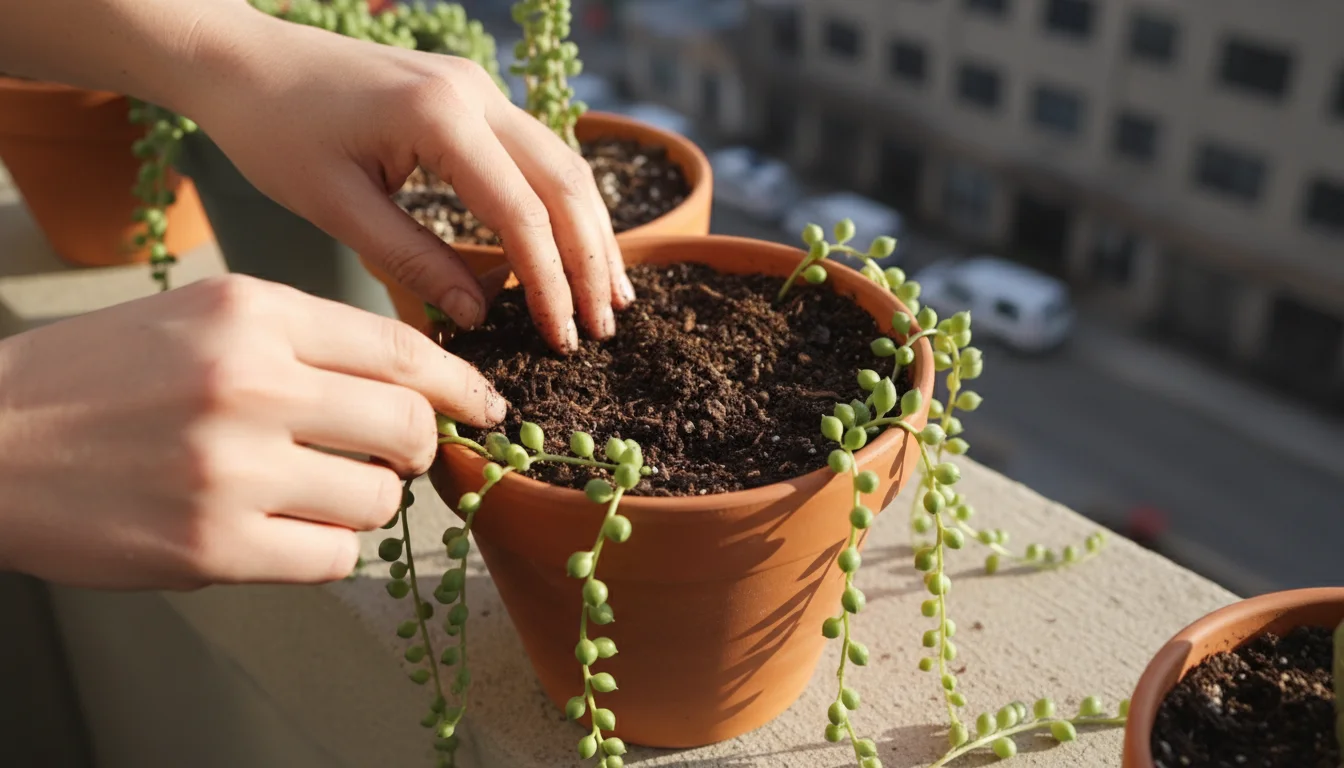 Hands gently incorporate dark worm castings into the soil of a healthy String of Pearls succulent in a terracotta pot on an urban balcony during winte