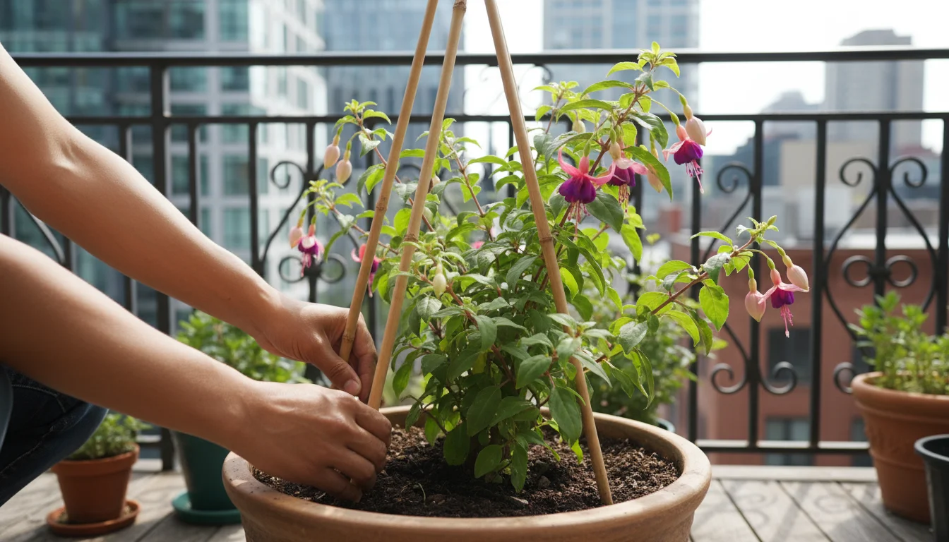 Hands insert a bamboo stake into a tall potted fuchsia plant on a balcony, forming a support 'tent' for frost protection.