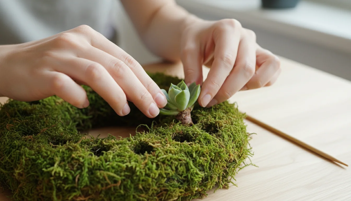 Hands gently insert a green succulent cutting into a sphagnum moss wreath, using fingertips to secure it.