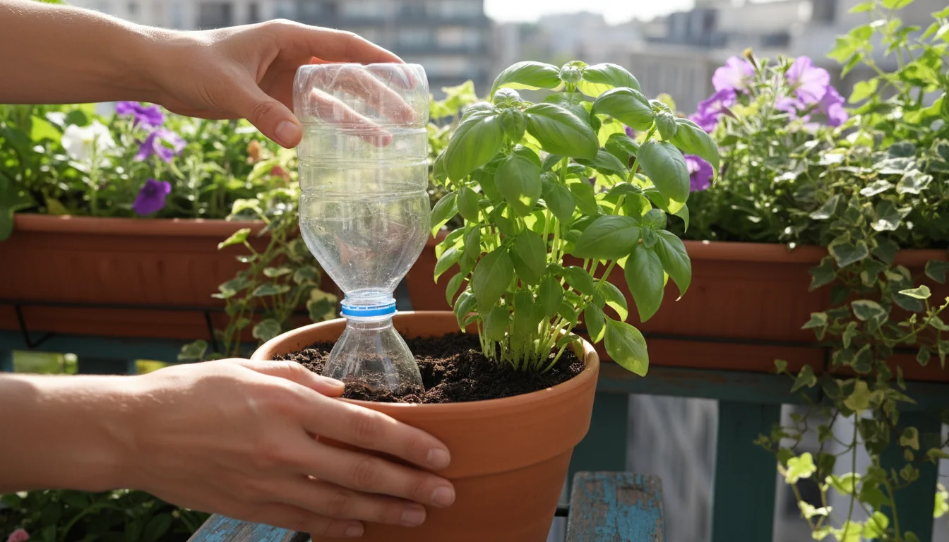 Hands gently insert an inverted plastic bottle drip waterer into a terracotta pot with a basil plant on a sun-dappled balcony.