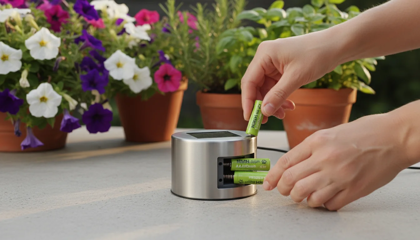 Hands carefully inserting new AA NiMH batteries into a solar garden stake light on a patio table, with a blurred container garden behind.