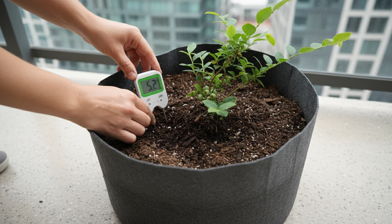 Close-up of hands inserting a small digital soil pH testing meter into the soil of a thriving blueberry bush in a fabric grow bag on an urban balcony.