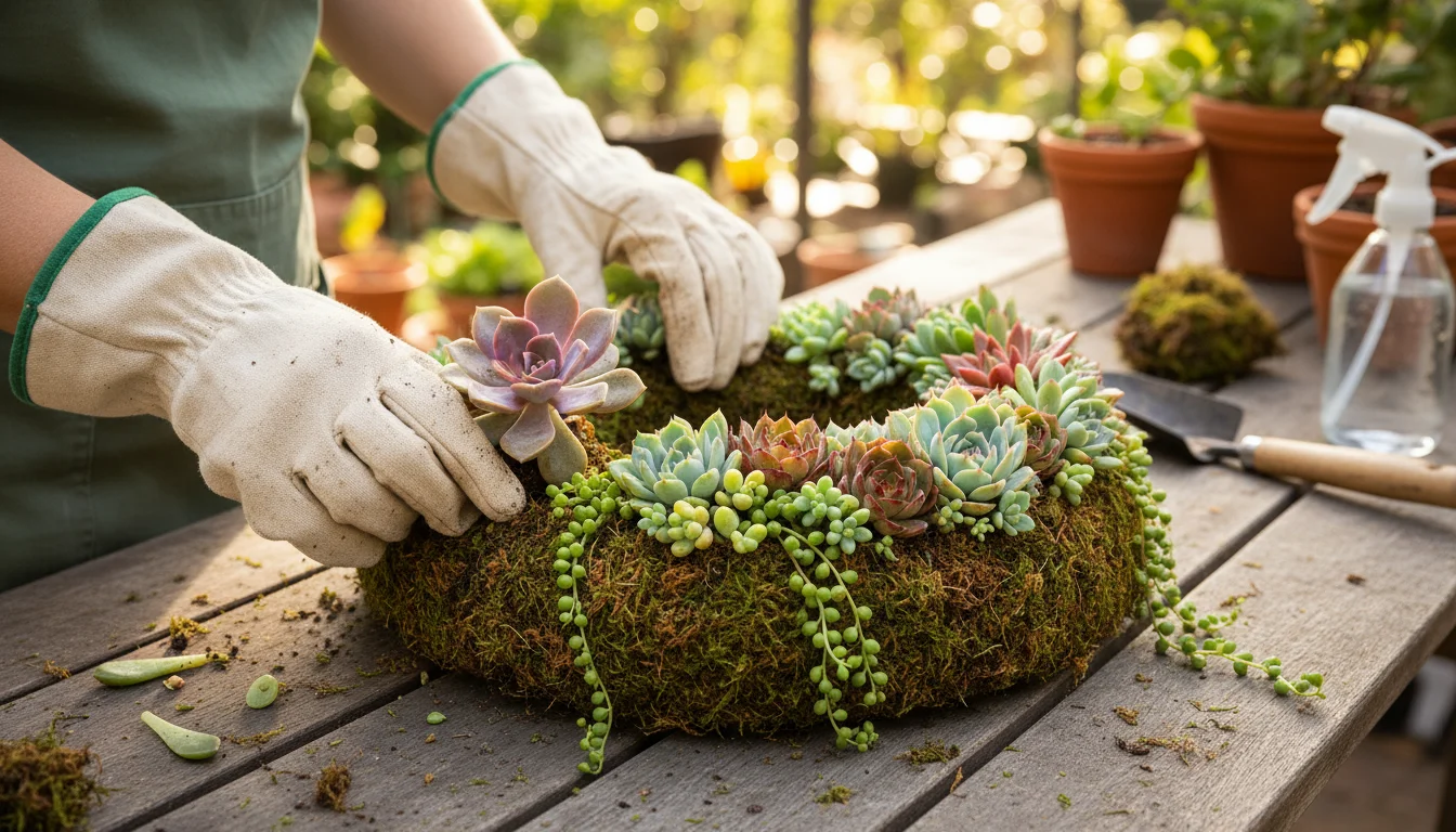 Hands gently inserting a vibrant purple succulent into a moss wreath form, partially filled with other succulents, on a sunlit balcony.