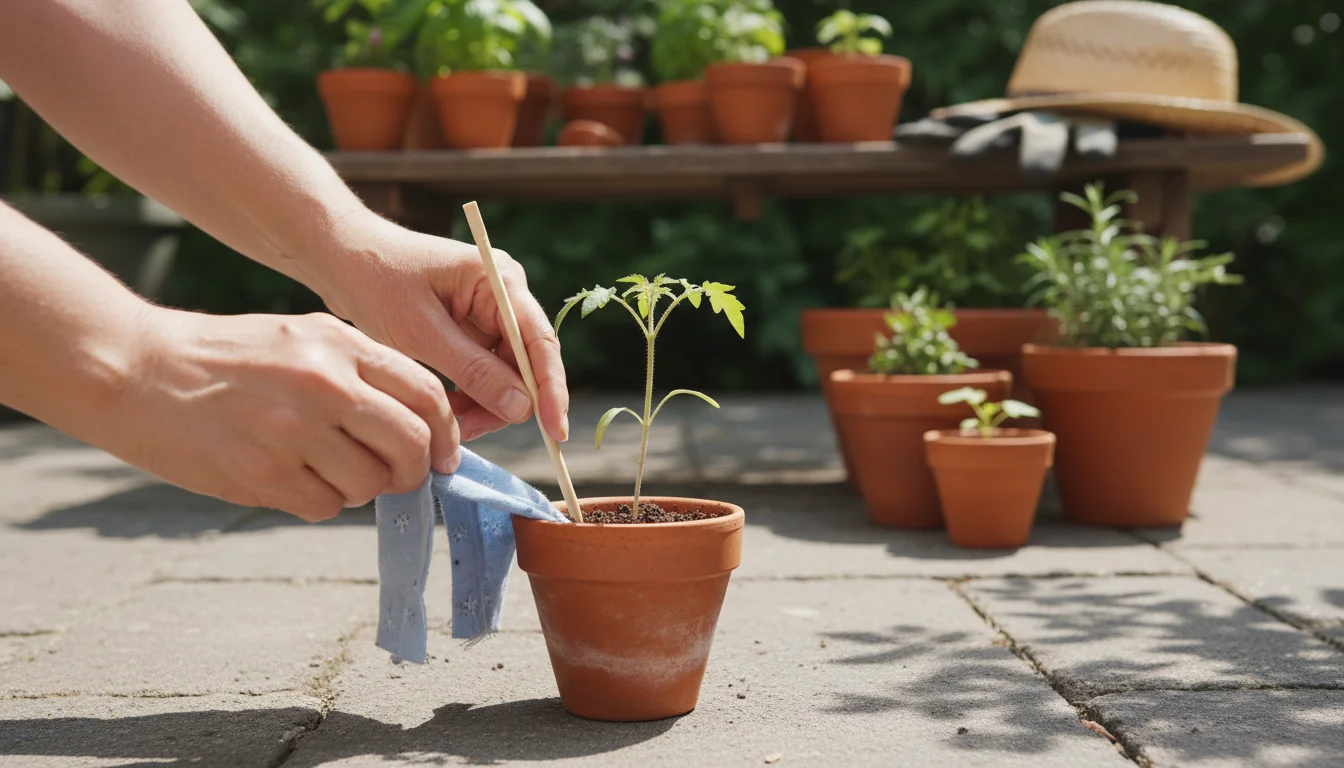 Hands gently inserting a wooden chopstick beside a young tomato seedling in a terracotta pot on a sunlit patio, ready to tie it.