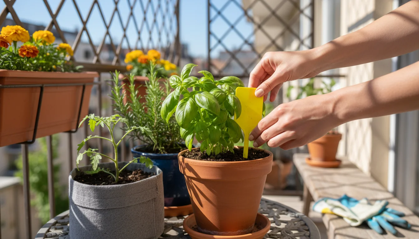 Hands inserting a yellow sticky trap into a potted basil plant on a balcony table with other container plants.