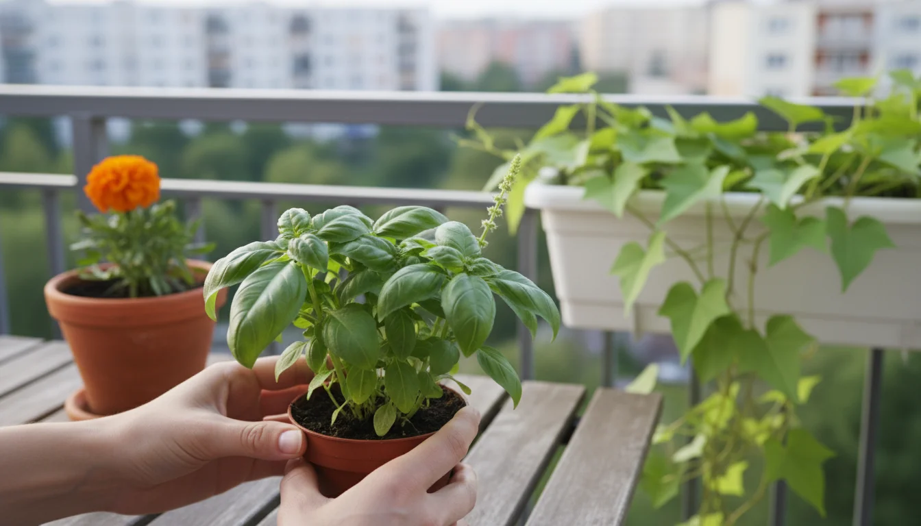 Hands gently inspect a basil leaf for pests on a balcony, with a marigold and alyssum in background.
