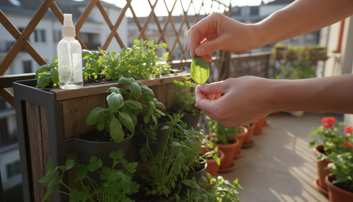 Hands gently inspect basil leaves in a vertical planter on a sunny balcony, with an organic pest spray bottle nearby.