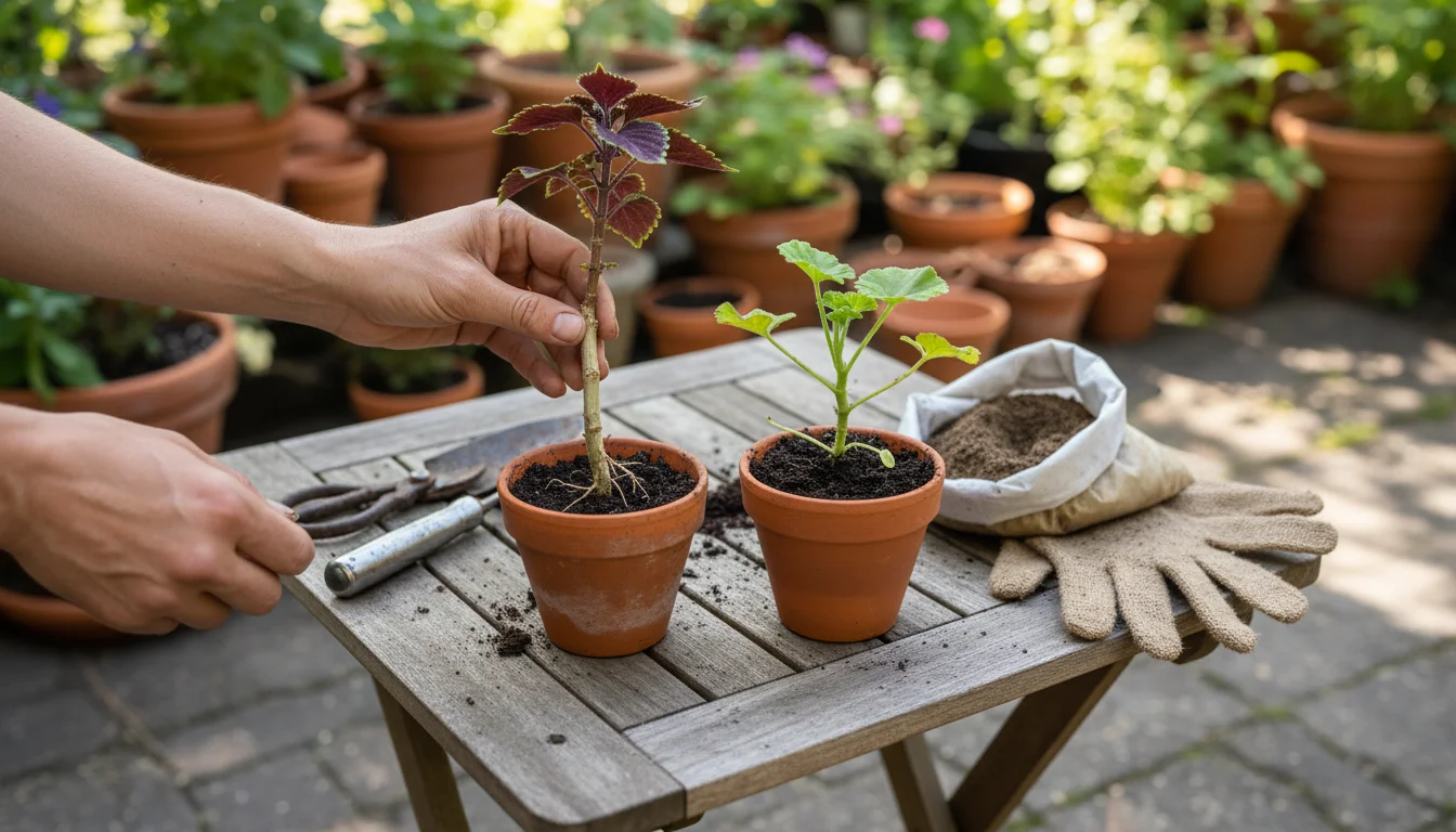 Hands inspect a coleus cutting pulled from its pot, showing a dry stem end with no roots, next to a healthy geranium cutting.