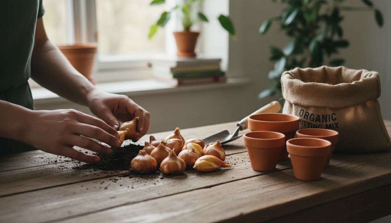 Hands inspect healthy tulip and daffodil bulbs on a wooden potting table with small terracotta pots and potting mix nearby.