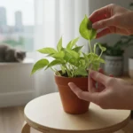 Hands gently inspect a leaf of a new small houseplant isolated on a stool, with other potted plants blurred in the background.