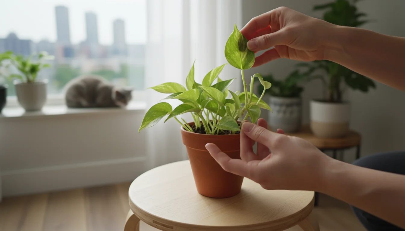 Hands gently inspect a leaf of a new small houseplant isolated on a stool, with other potted plants blurred in the background.