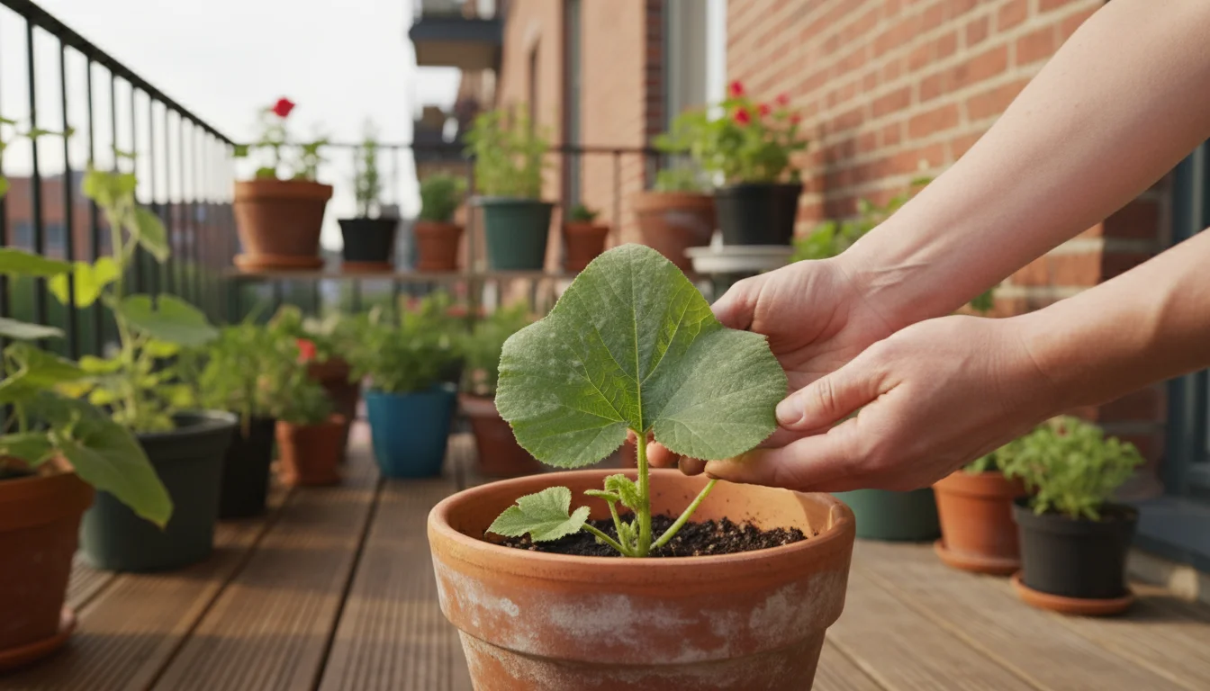 Hands inspect a mini pumpkin leaf in a terracotta pot, showing early white patches of powdery mildew.