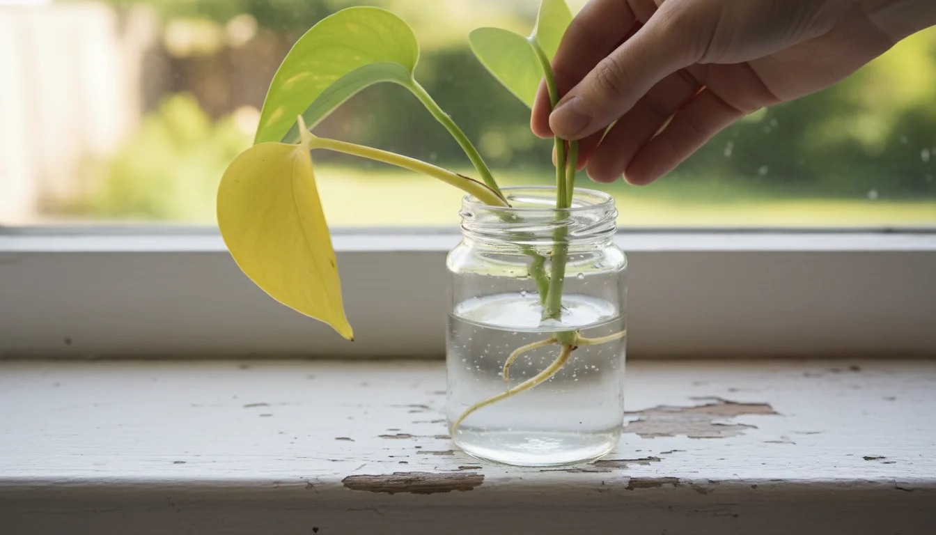 Hands inspect a Pothos cutting with a yellowing leaf in cloudy water on a windowsill, hinting at propagation issues.