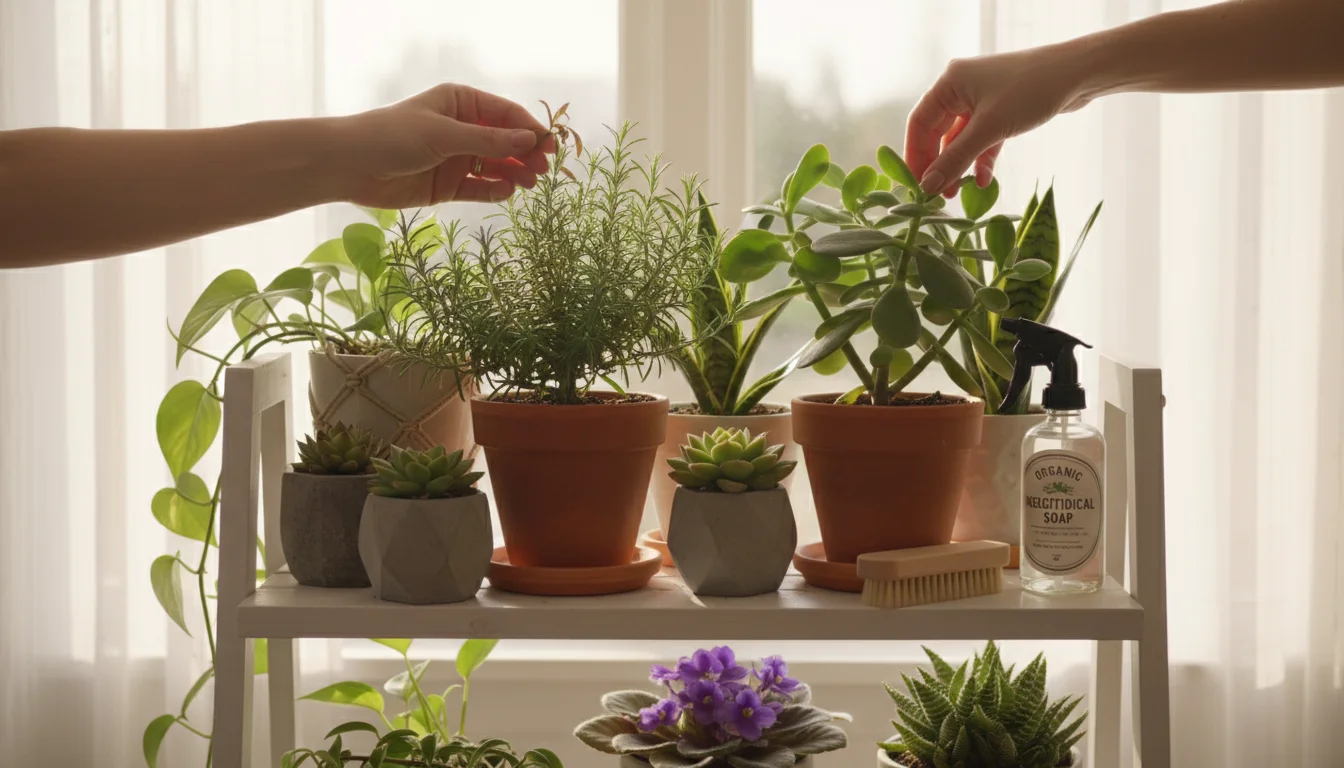 Hands inspect potted rosemary and jade plants on a white shelf, removing dry leaves. Insecticidal soap visible.