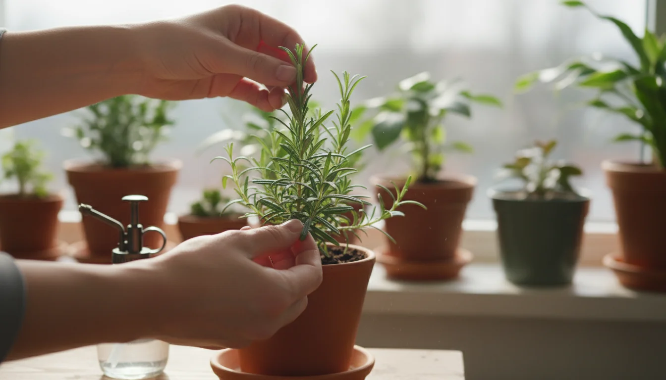 Hands inspect a rosemary plant leaf on a bright windowsill, checking for pests among other container plants. Proactive indoor plant care.