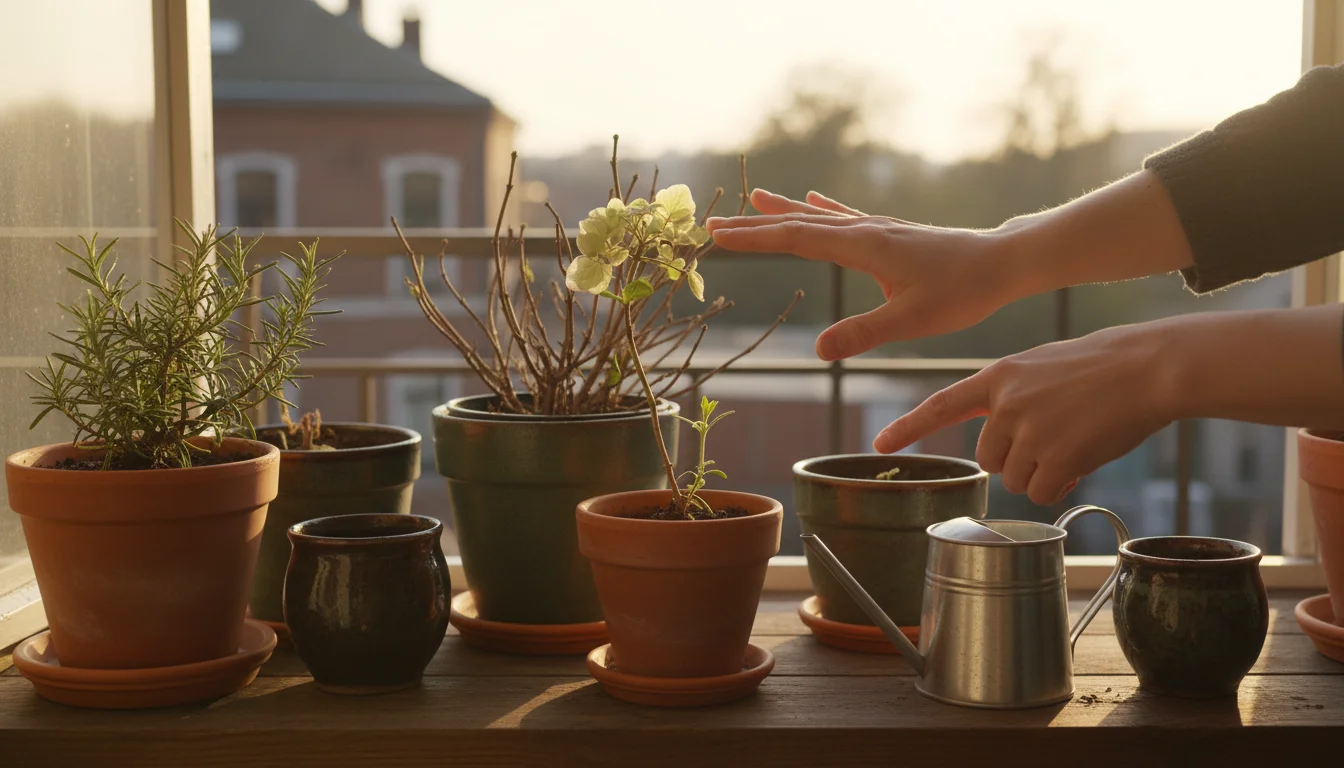 Hands gently inspect swelling buds and faint green growth on potted plants like rosemary and hydrangea on a sunny windowsill or balcony.